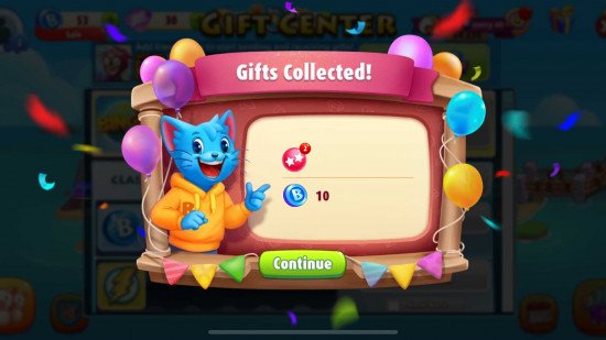 A view of free gifts collected in Bingo Blitz, including credits.