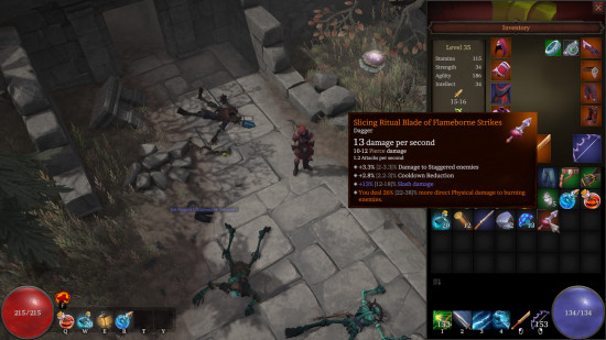 Beyond the Map, a character standing in the middle of falling enemies, with a box describing the sword they are using. 