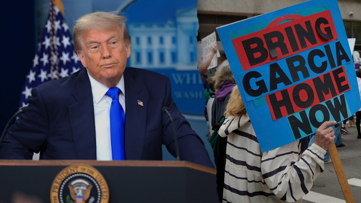 A side-by-side image of President Donald Trump and protesters holding signs in support of Kilmar Abrego Garcia, the Salvadorian migrant who was deported to El Salvador in March, in what Trump officials acknowledged was an 