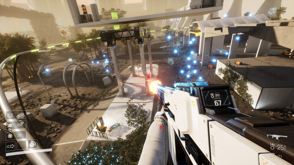The main character of Void/Breaker fires at enemies while grinding on a rail.