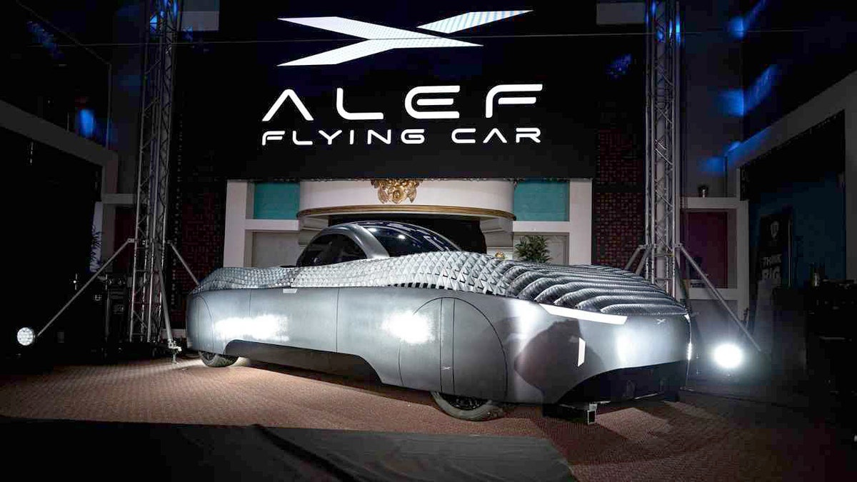 An Alef flying car in a showroom