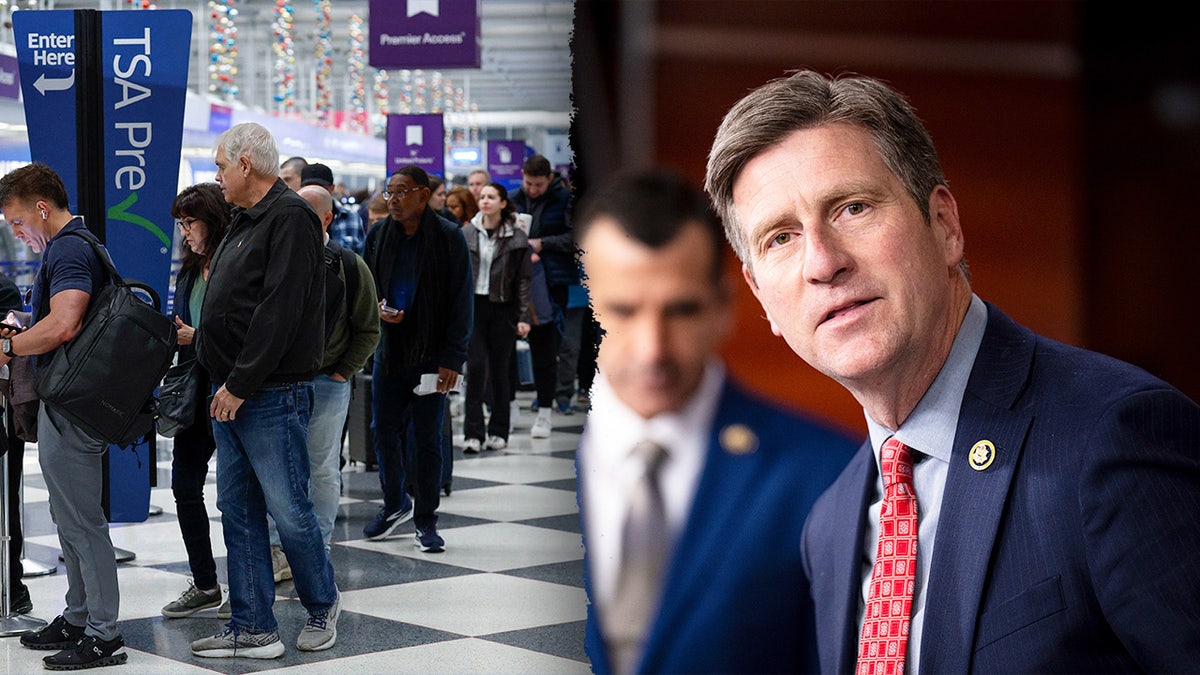 A split image of Rep. Greg Stanton and a long line at an airport