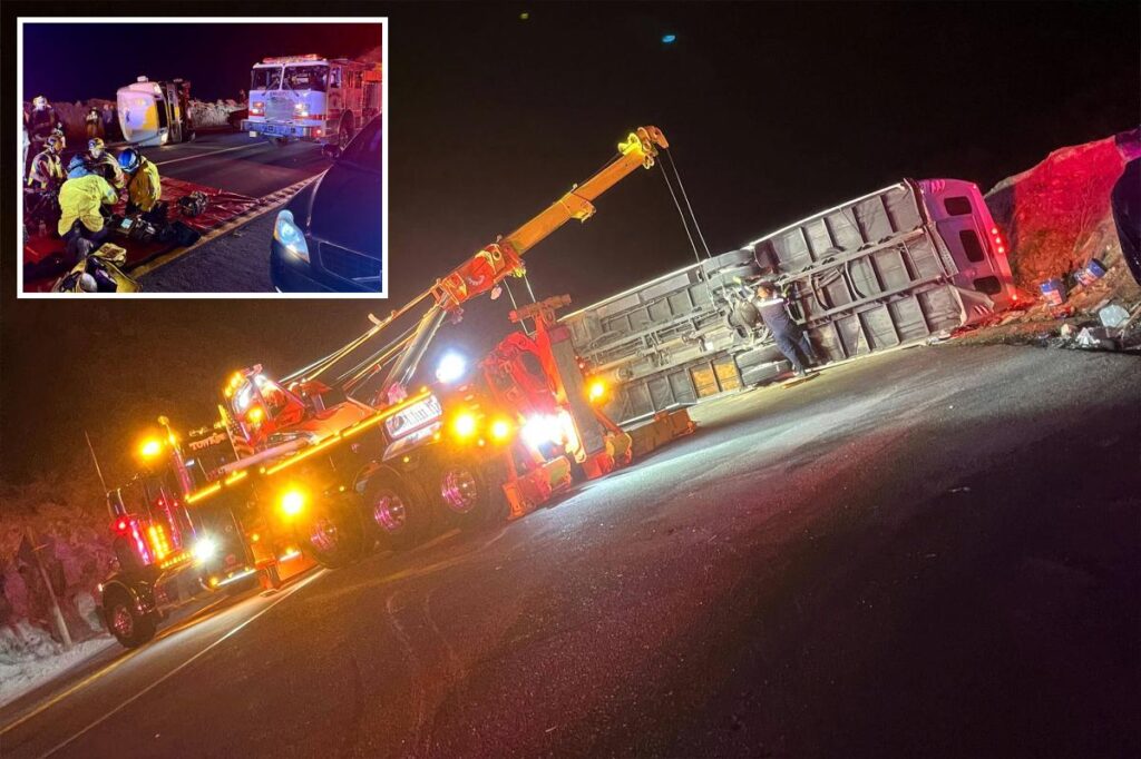 Private: 26 people, mostly teens, injured after bus carrying church group catches fire and overturns on California highway 26 people, mostly teens, injured after bus carrying church group catches fire and overturns on California highway