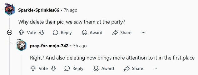 Commenters on Reddit were perplexed by the missing photos as one wrote: 'Why delete their pic, we saw them at the party?'