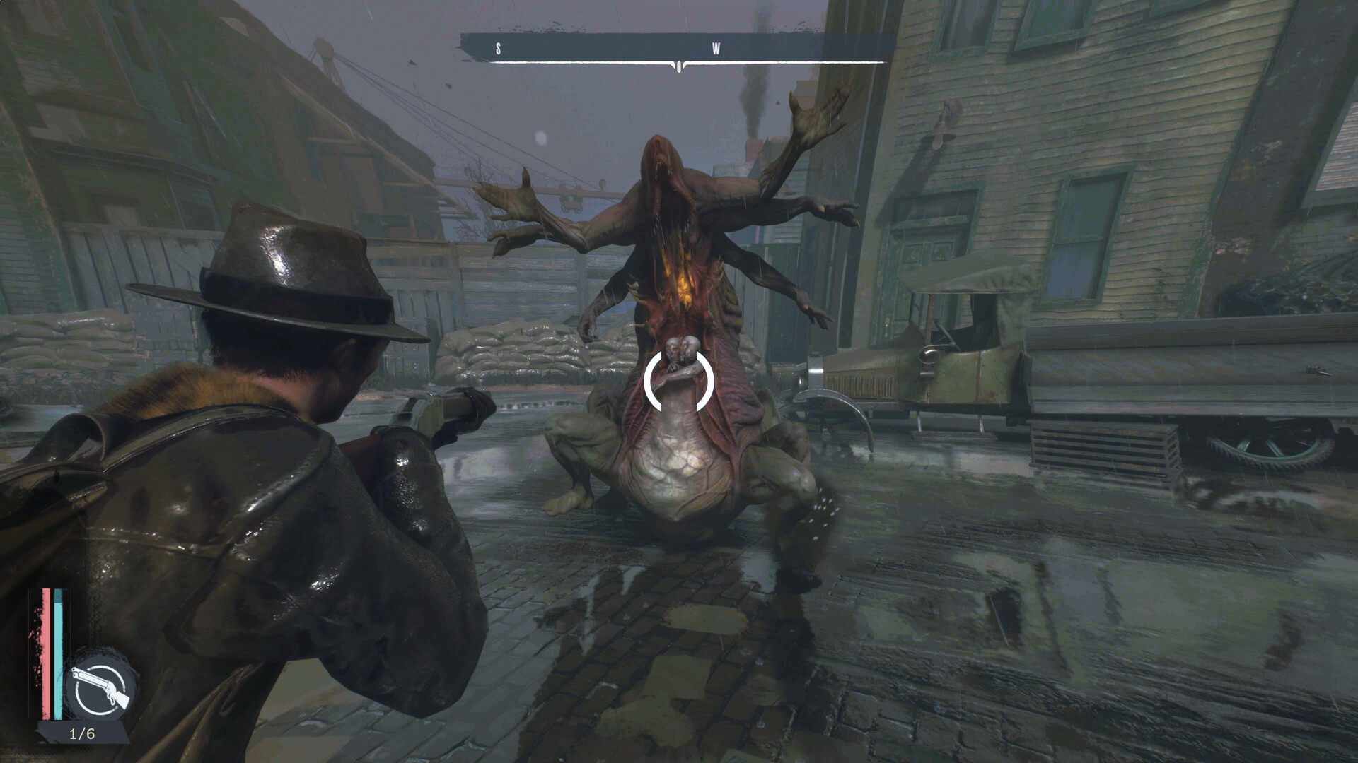 An image of a man wearing a 1920s suit fighting a creature with lots of arms using a gun in a city area