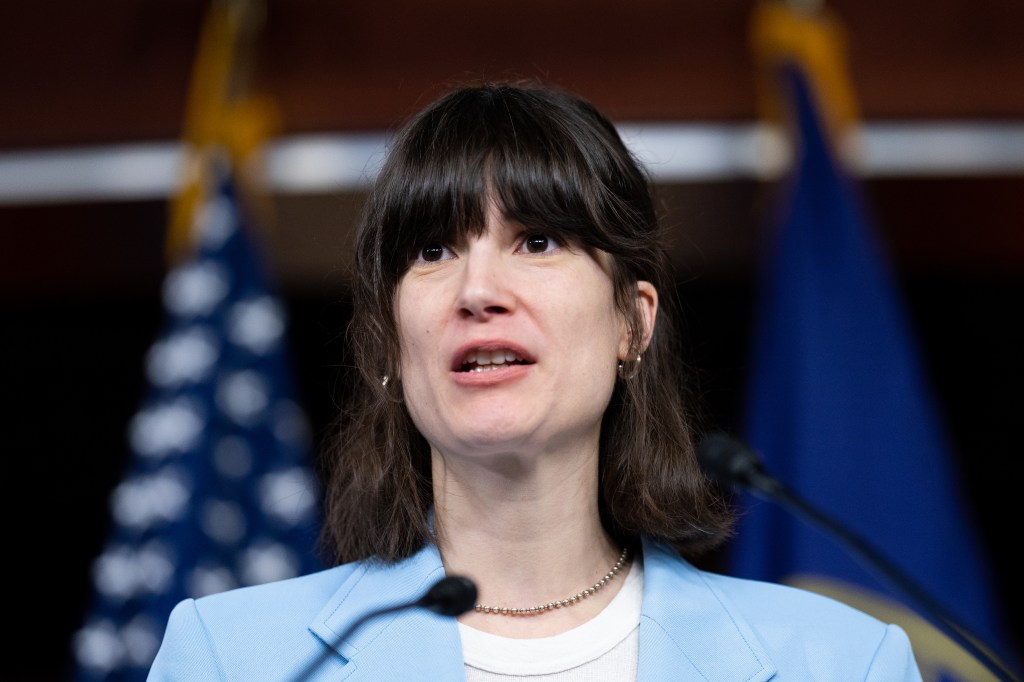 Rep. Marie Gluesenkamp Perez speaking at a news conference in the U.S. Capitol.