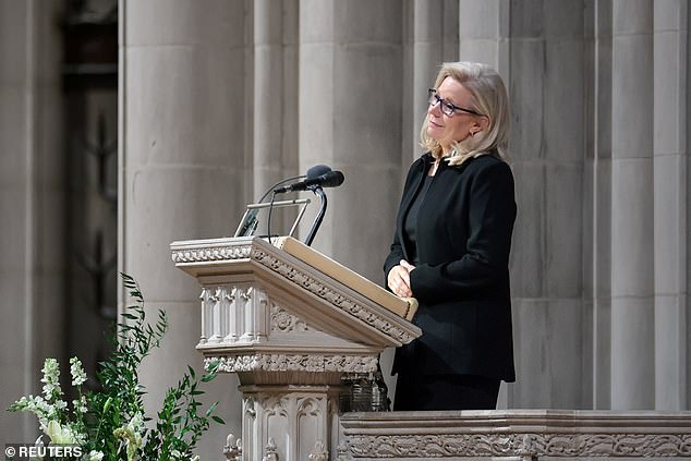 Former U.S. Representative Liz Cheney (R-WY), late former U.S. Vice President Dick Cheney's daughter, speaks during a funeral service for her father, at Washington National Cathedral, in Washington, D.C., U.S., November 20, 2025. REUTERS/Jonathan Ernst