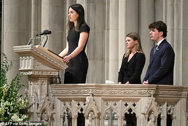 Elizabeth Perry, Richard Perry and Grace Perry, grandchildren of the late US Vice President Dick Cheney, speaks during Cheney's funeral service at the Washington National Cathedral in Washington, DC, on November 20, 2025. Dick Cheney, celebrated as a master Republican strategist but defined by the darkest chapters of America's