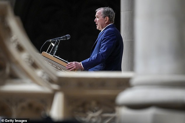 WASHINGTON, DC - NOVEMBER 20: Former U.S. President George W. Bush delivers a tribute during the funeral service of former Vice President Dick Cheney at the National Cathedral on November 20, 2025 in Washington, DC. Cheney, who served as the 46th Vice President under President George W. Bush and as the 17th Secretary of Defense, passed away at the age of 84 due to complications from pneumonia and vascular disease. (Photo by Andrew Harnik/Getty Images)