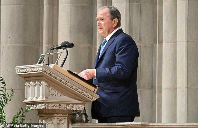 Former US President George W. Bush speaks during the funeral service for late US Vice President Dick Cheney at the Washington National Cathedral in Washington, DC, on November 20, 2025. Dick Cheney, celebrated as a master Republican strategist but defined by the darkest chapters of America's