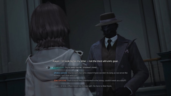 Varsapura dialogue choices - The player speaks with 'Mr Shadow.'