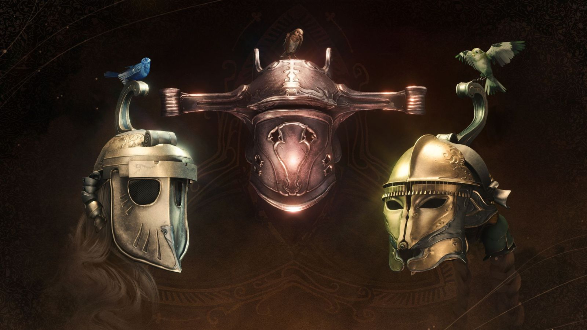 An image of various fantasy helmets on a brown background