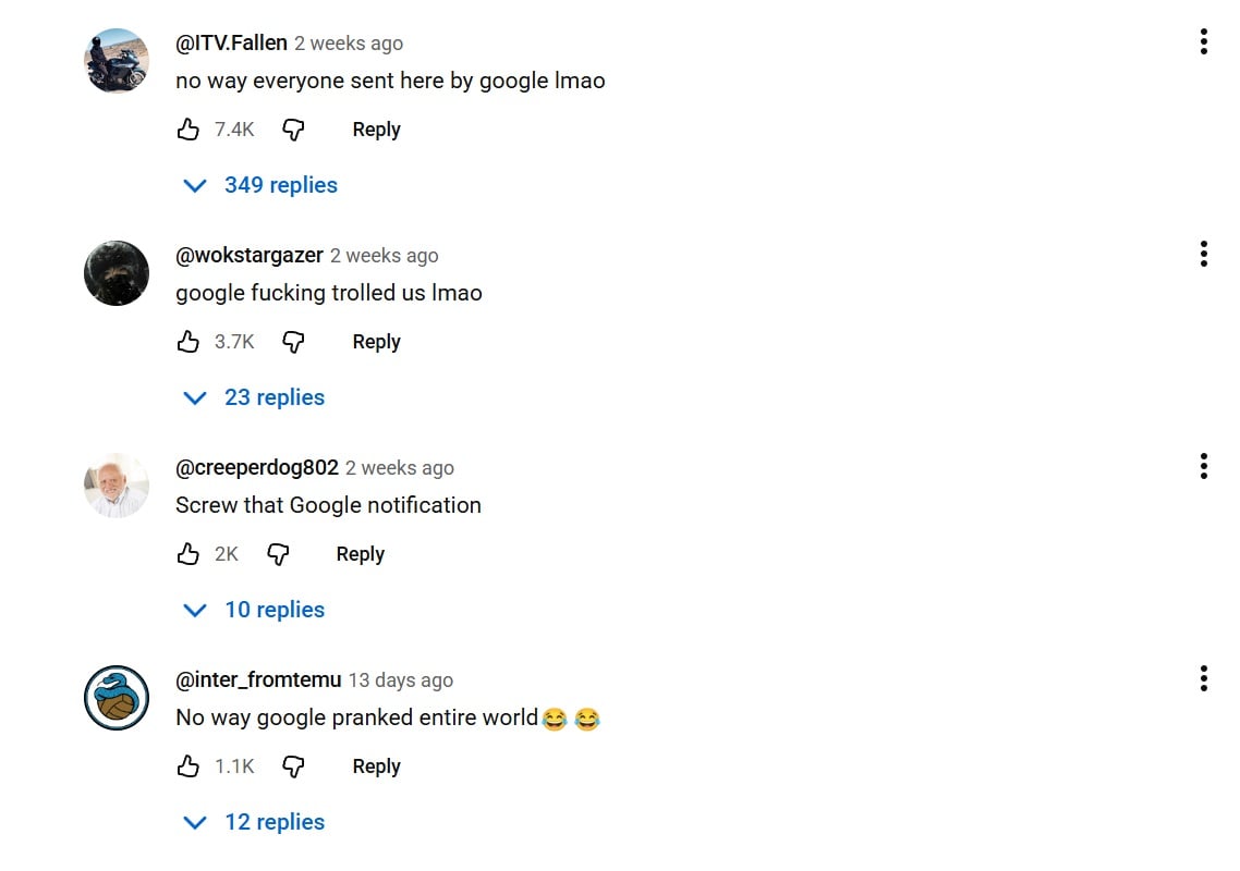 YouTube commenters write about a Google push notification. 