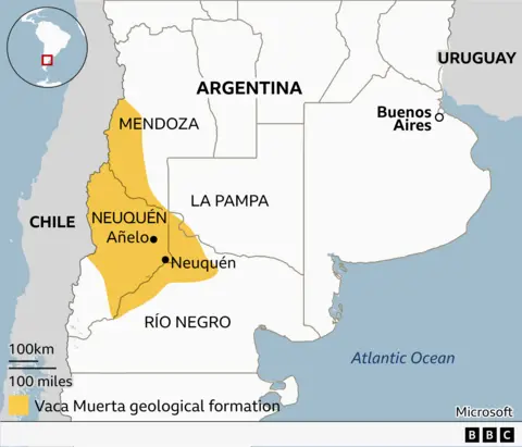 A map showing the location of Añelo at the heart of the Vaca Muerta oil and gas field