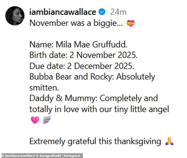 The couple, who first went public with their relationship in 2021, also revealed their daughter's adorable name and that Bianca gave birth on November 2