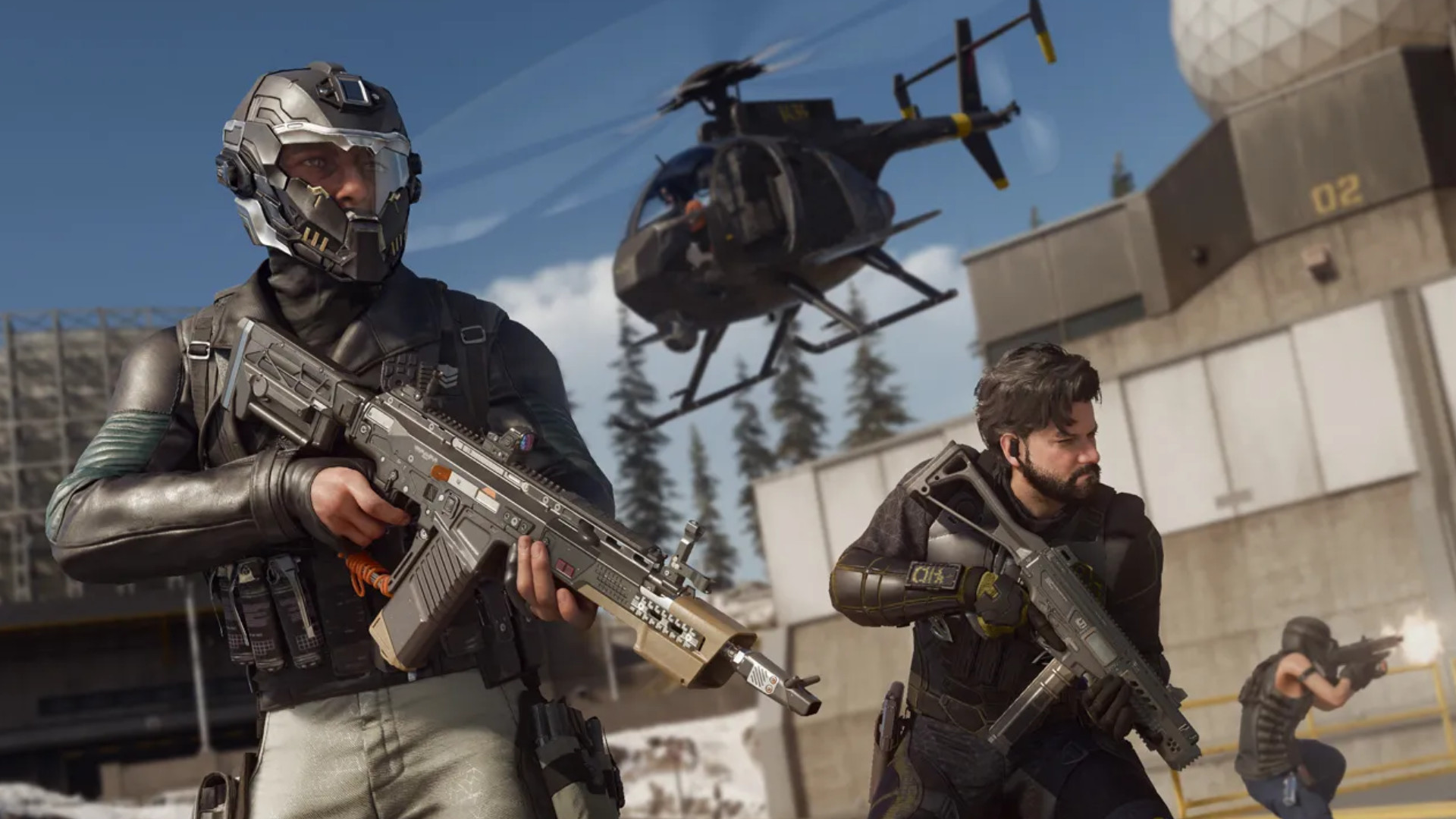 Call of Duty Warzone - A helicopter flies over three soldiers.