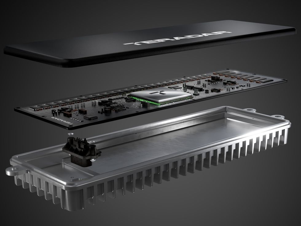 A three level image of a rectangular sensor with a chip and other electronics along with its top and bottom packaging.