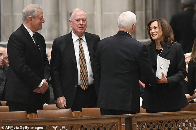 Former US Vice President Kamala Harris, former US Vice President Mike Pence (2nd-R) and Former US Vice President Al Gore (L) attend the funeral service for late US Vice President Dick Cheney at the Washington National Cathedral in Washington, DC, on November 20, 2025. (Photo by SAUL LOEB / AFP) (Photo by SAUL LOEB/AFP via Getty Images)