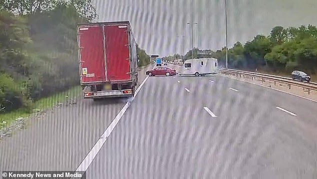 Dashcam footage, taken by lorry driver Lee Flower, shows a red car lose control as it speeds down the M5 motorway