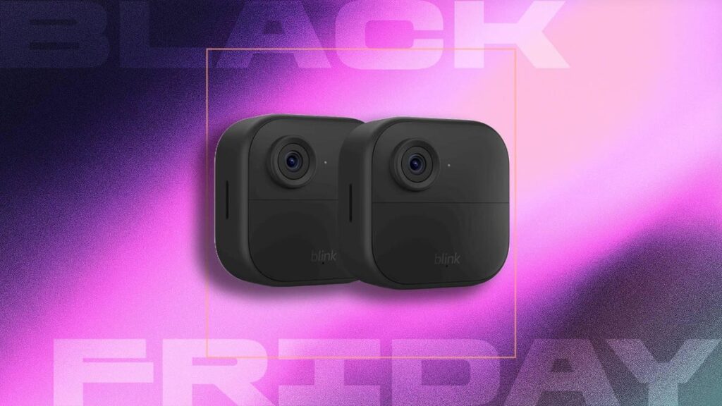 two small, black square security camera devices against a pink and black gradient with the text