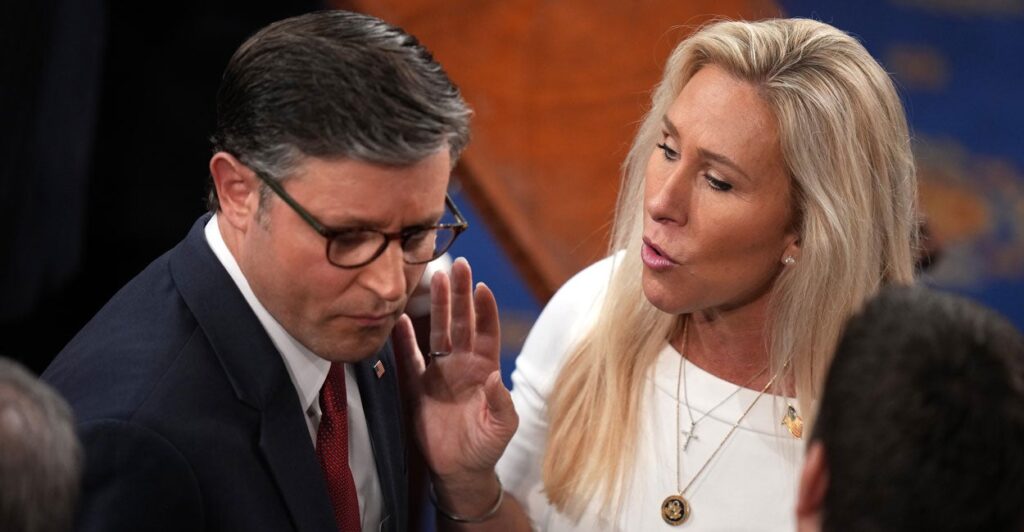 Private: Major MAGA Figure to Resign From Congress Speaker of the House Mike Johnson, R-La., talks to Rep. Marjorie Tayler Greene, R-Ga.