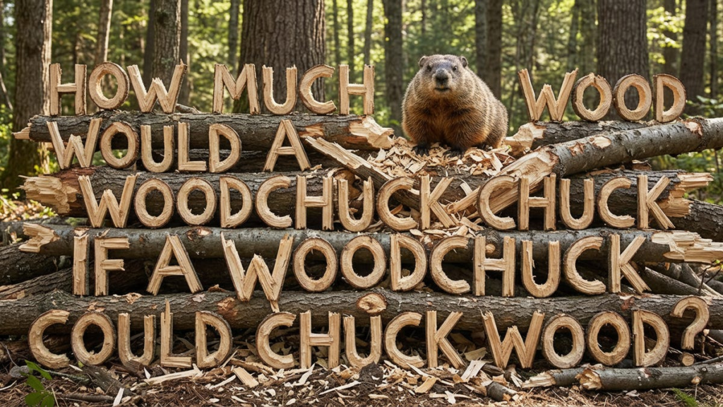an AI image of a woodchuck and the phrase carved out of wood, reading: How much wood would a wood chuck chuck if a wood chuck could chuck wood