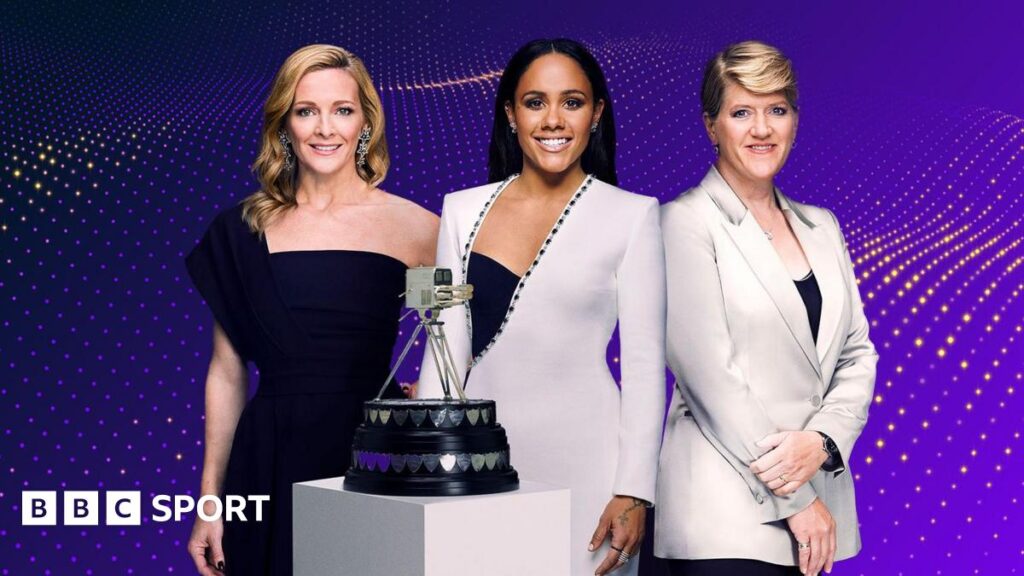 Sports Personality of the Year presenters Gabby Logan, Alex Scott and Clare Balding stand behind the trophy