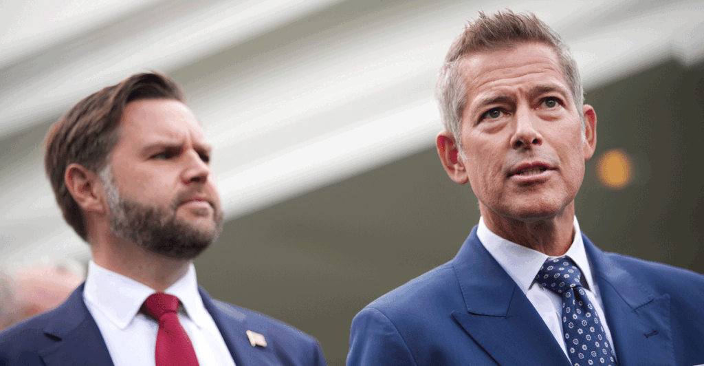 U.S. Transportation Secretary Sean Duffy and U.S. Vice President JD Vance speak to reporters outside the White House on October 30, 2025 in Washington, D.C.