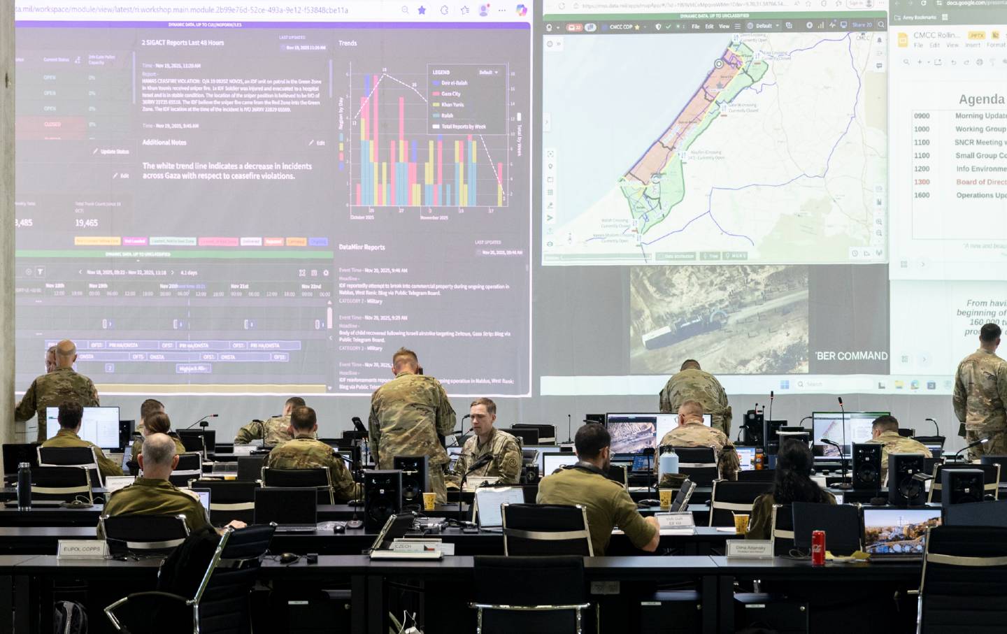 US Army personnel, IDF personnel, and other international officials monitor screens displaying maps and imagery of the Gaza Strip inside the Civil-Military Coordination Center in Kiryat Gat, Israel.