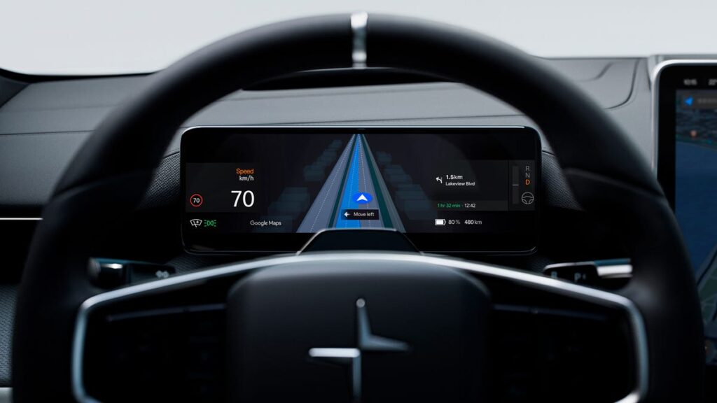 Polestar Google Maps Lane Guidance on drivers display behind steering wheel