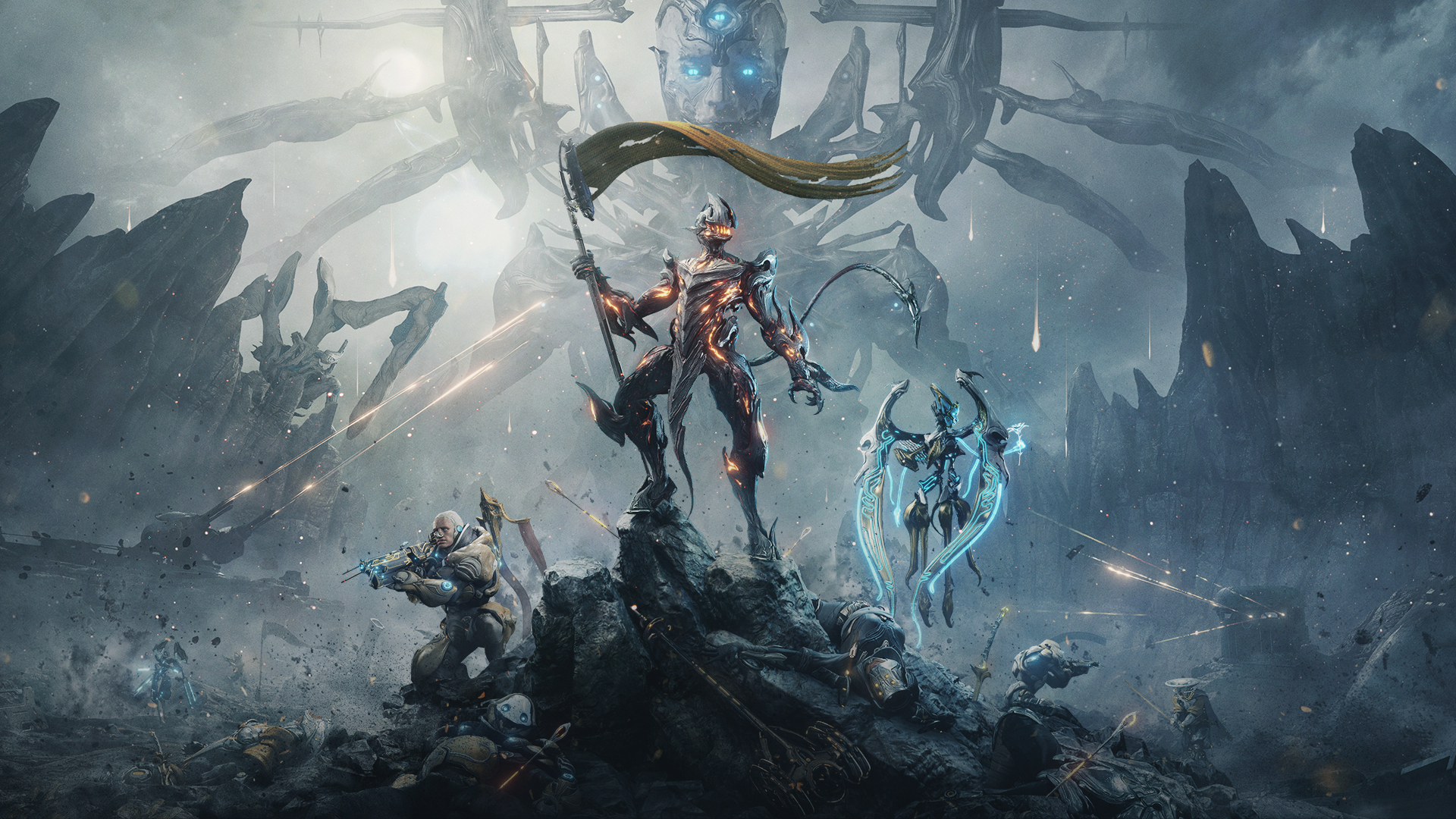 An image of the Uriel Warframe holding a flag, a sentient behind him and a huge robot looking out over a battlefield