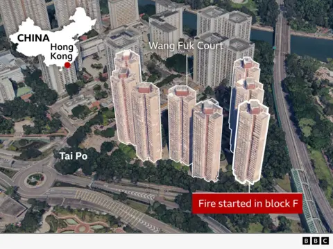 A 3D image from Google Earth showing the buildings that comprise Wang Fuk Court in Tai Po, Hong Kong. There are eight tall residential buildings highlighted with more apartment buildings behind them and a major road in front and another to the right which crosses a river in the background. An inset map shows the location of Hong Kong in the south east of China.