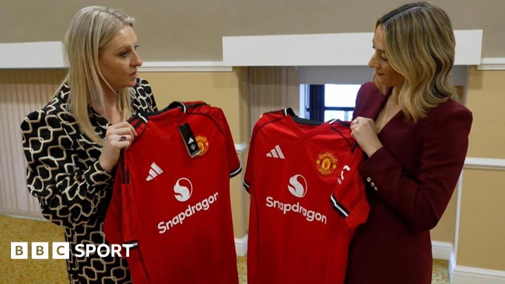A fake Manchester United shirt held next to a replica shirt
