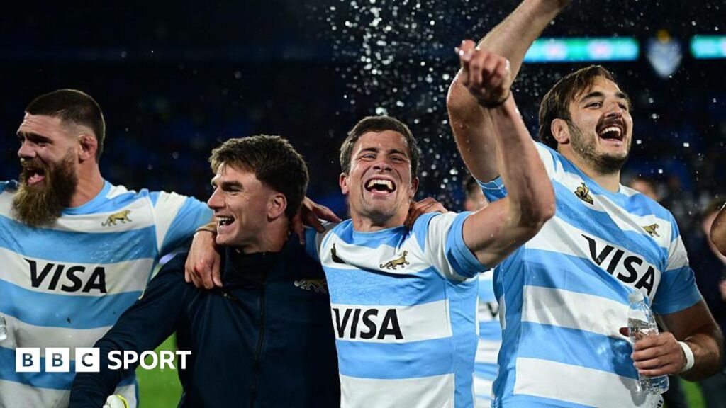 Marcos Kremer, Bautista Delguy and Pedro Rubiolo of Argentina celebrate following the team