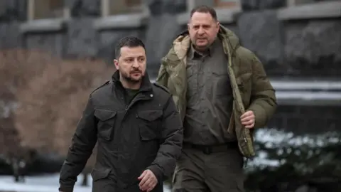 Reuters Ukraine's President Volodymyr Zelenskiy and Head of the Presidential Office Andriy Yermak walk, amid Russia's attack on Ukraine, in Kyiv, Ukraine January 22, 2024.