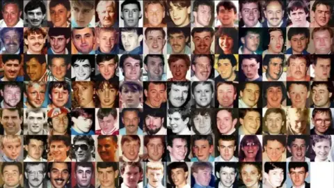 Montage of photographs of all of the 97 Liverpool fans who died as a result of the Hillsborough disaster on 15 April 1989.