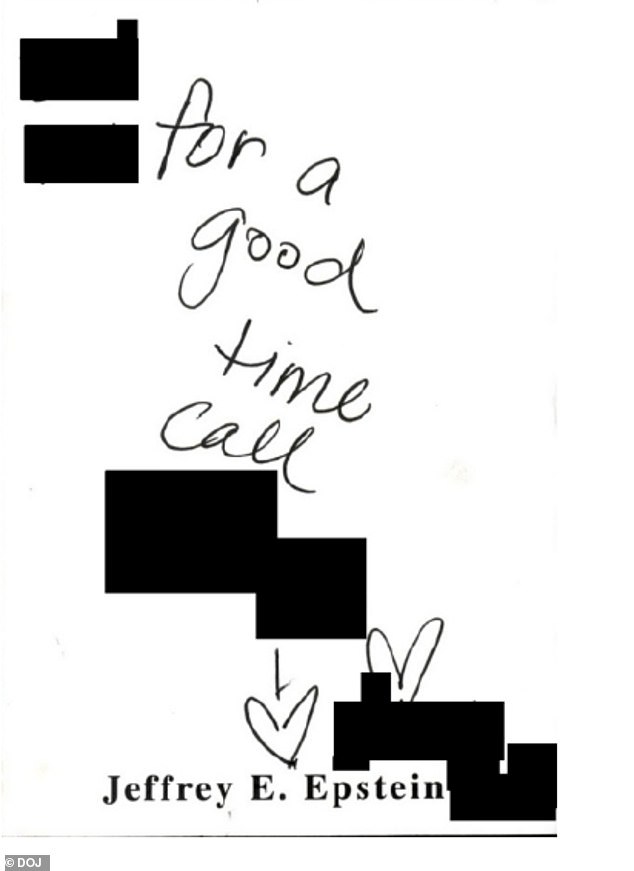 A note written on personalised Epstein stationary reads: 'For a good time call' with further details redacted