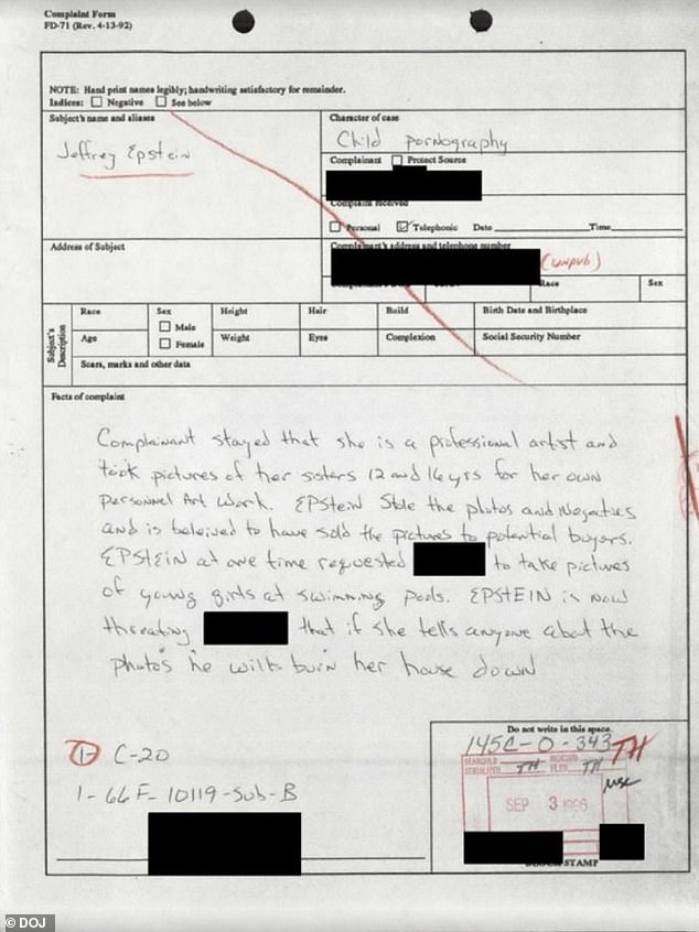 An image of a criminal complaint against Epstein, in which a young woman claimed Epstein stole photographs of her young sisters and sold them - before allegedly threatening to 'burn her house down'
