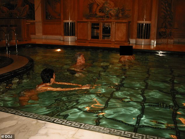 Clinton swims in a pool with Maxwell and an unidentified woman