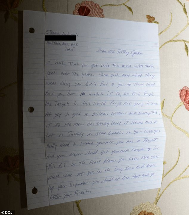 A handwritten letter attached to a wall, addressed to Epstein, claims: 'These girls new [sic] what they were doing you didn't put a gun to there [sic] head'