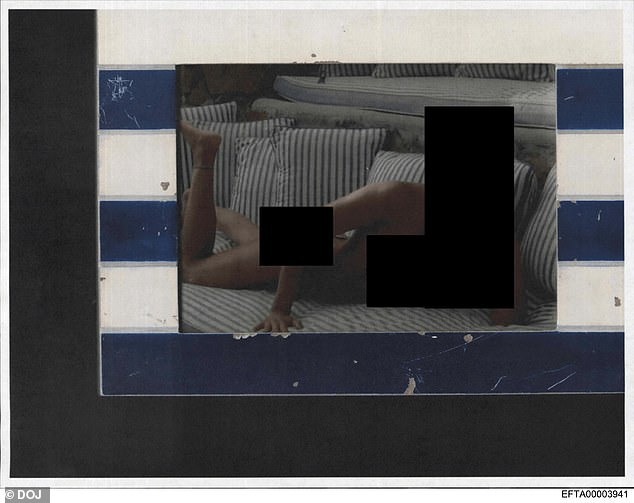 A naked woman poses for a photograph on a sofa - the image was released by the DOJ on Friday