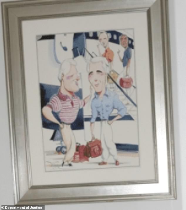 A framed caricature drawing in Epstein's home of himself and friends boarding a plane
