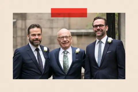 Getty Images Rupert Murdoch arrives at St Bride's Church in London accompanied by his sons James (right) and Lachlan (left)
