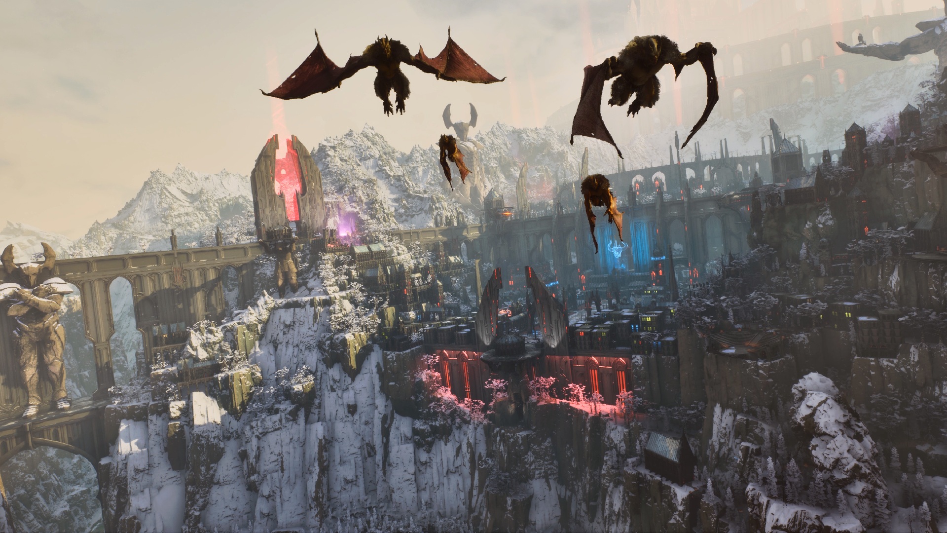 Ark Survival Ascended: Giant bat like creatures fly over a gothic alien settlement