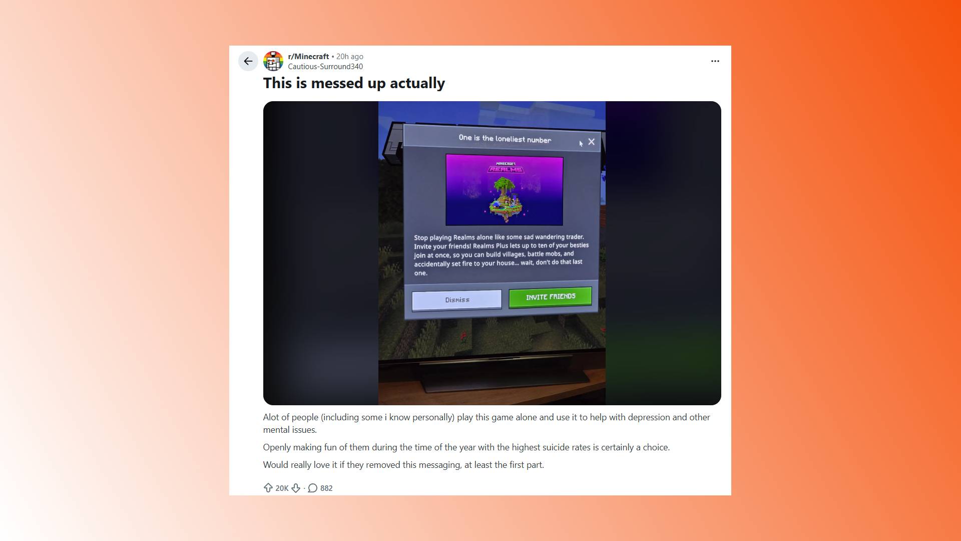 Minecraft advert that players find insensitive