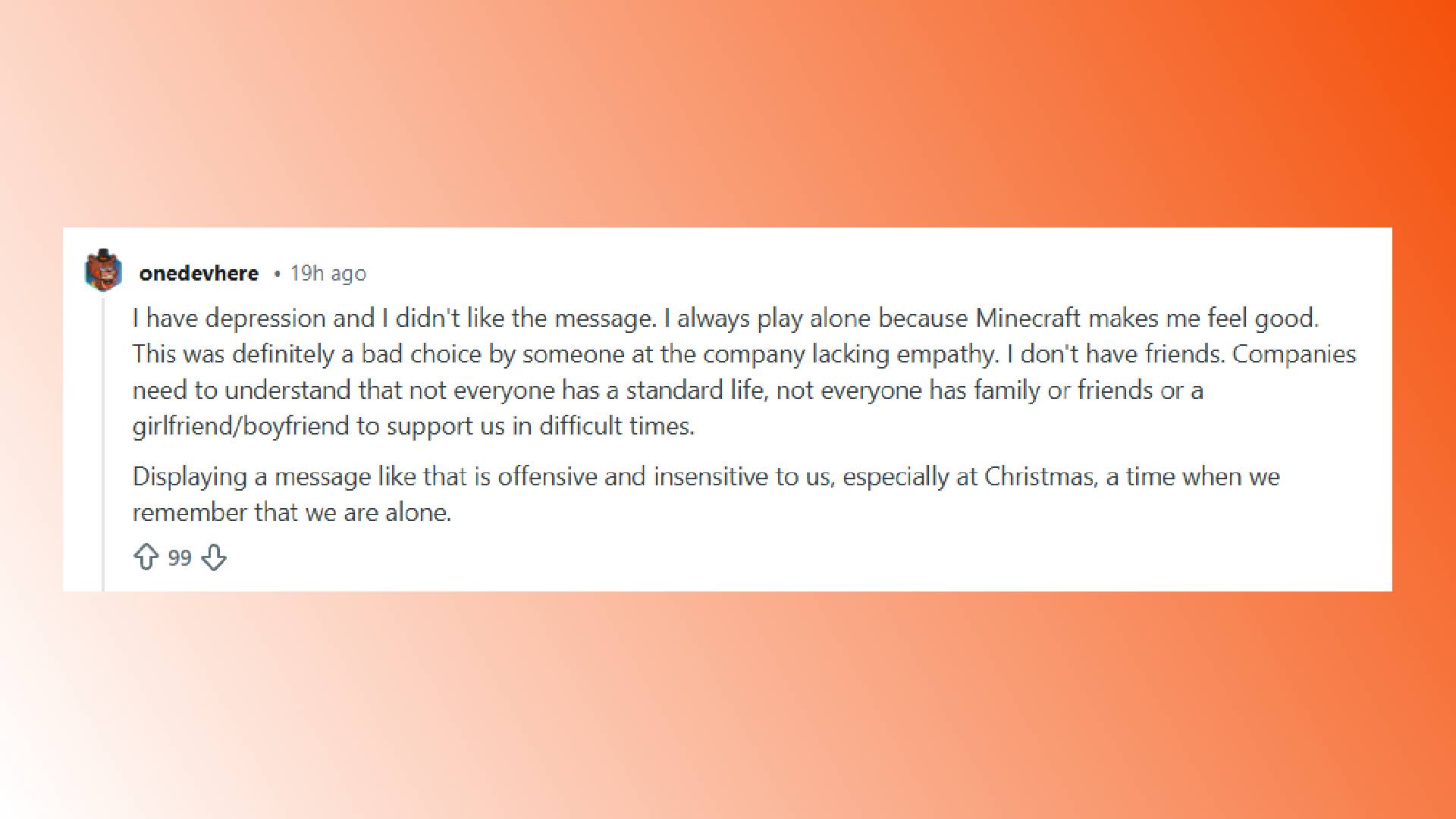 a minecraft player complains about an insensitive advert in the game