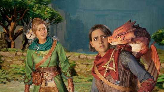 Split Fiction's two protagonists looking at a baby dragon perched on one of their shoulders.