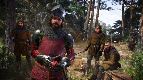 Several heavily armored men looking towards the player character in Kingdom Come Deliverance 2.