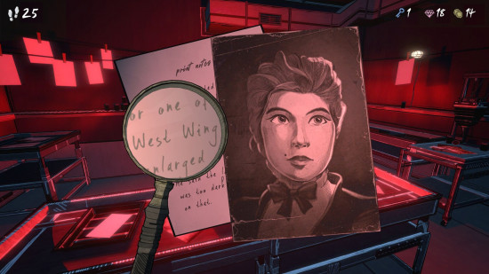 A screenshot from Blue Prince of a magnifying glass over the top of a note and a picture of a woman.
