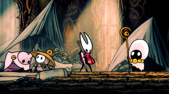 Hornet from Hollow Knight Silksong talking to an NPC.